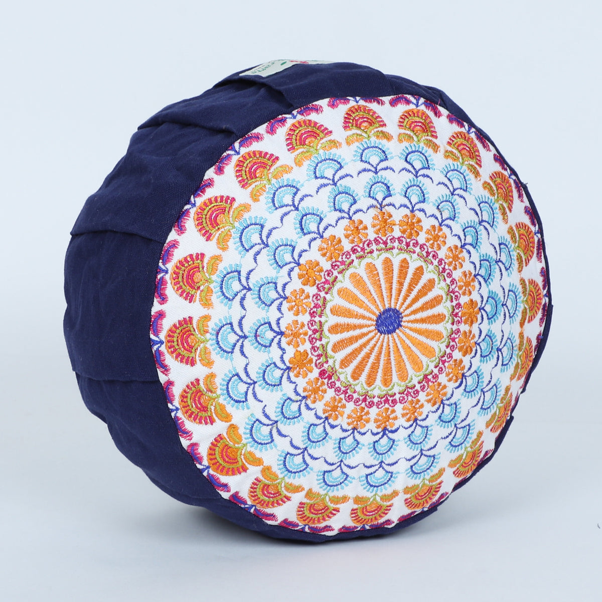 Embroidered Round Zafu Yoga Pillow |Zipped Cover |Washable| Portable - Parvati (Blue on Navy Blue) - Size and Filling Options Available