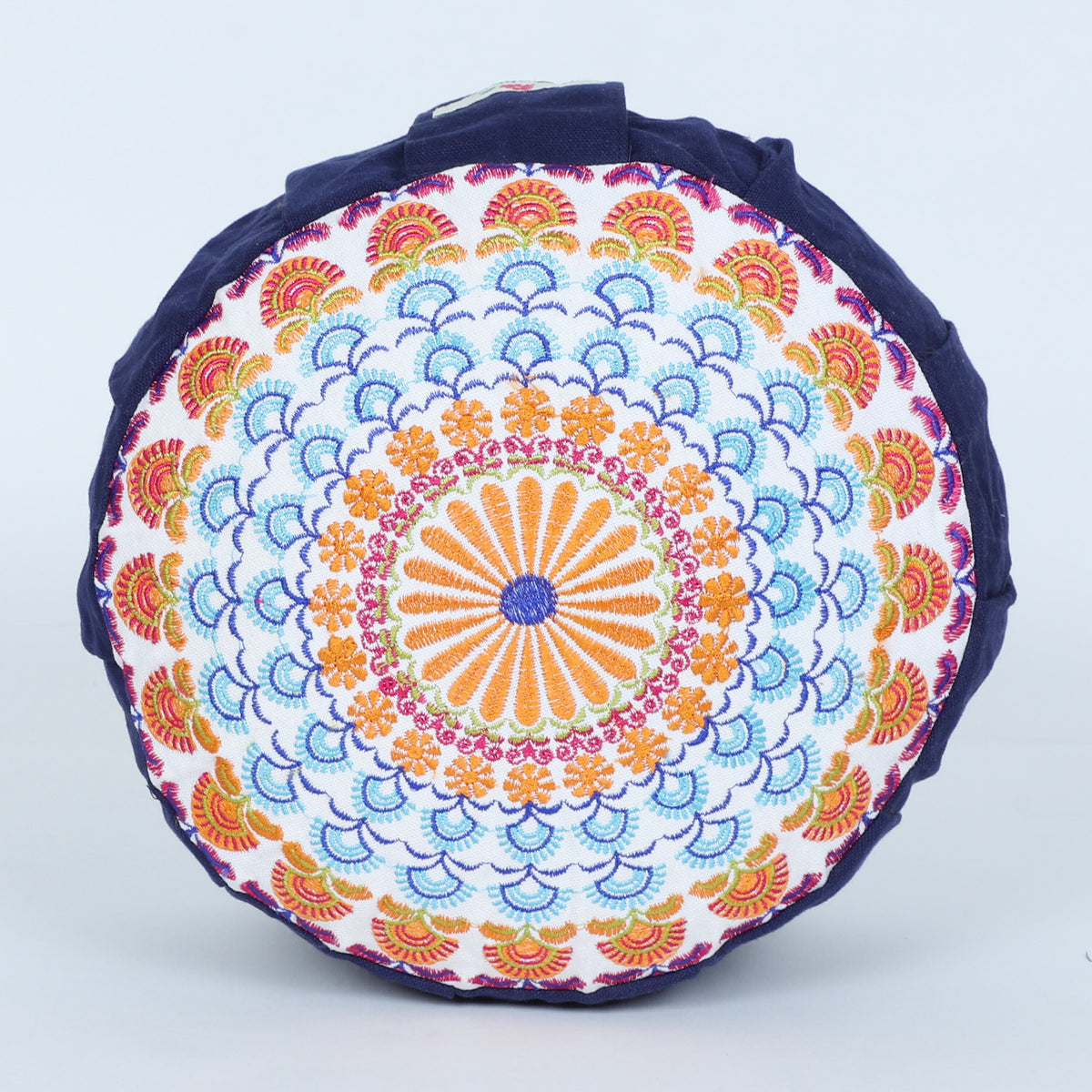 Embroidered Round Zafu Yoga Pillow |Zipped Cover |Washable| Portable - Parvati (Blue on Navy Blue) - Size and Filling Options Available