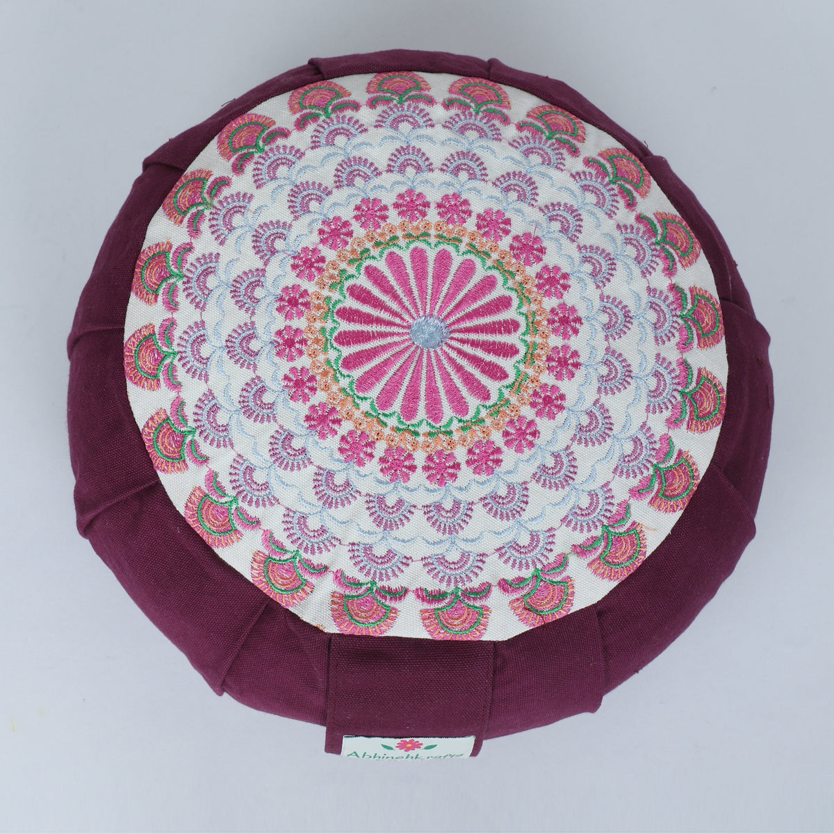 Embroidered Round Zafu Yoga Pillow |Zipped Cover |Washable| Portable - Kabini (Pink on Plum) - Medium Size Limited Edition