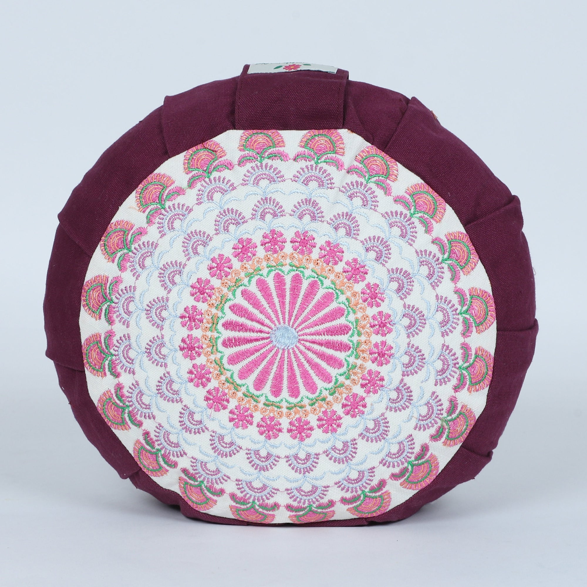 Embroidered Round Zafu Yoga Pillow |Zipped Cover |Washable| Portable - Kabini (Pink on Plum) - Medium Size Limited Edition