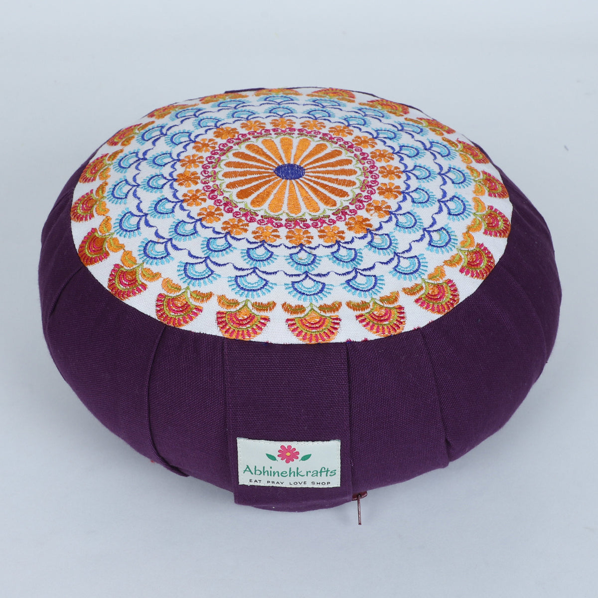 Embroidered Round Zafu Yoga Pillow |Zipped Cover |Washable| Portable - Zanskar (Blue on Purple) - Medium Size Limited Edition