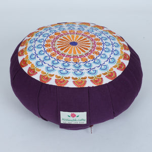 Embroidered Round Zafu Yoga Pillow |Zipped Cover |Washable| Portable - Zanskar (Blue on Purple) - Medium Size Limited Edition