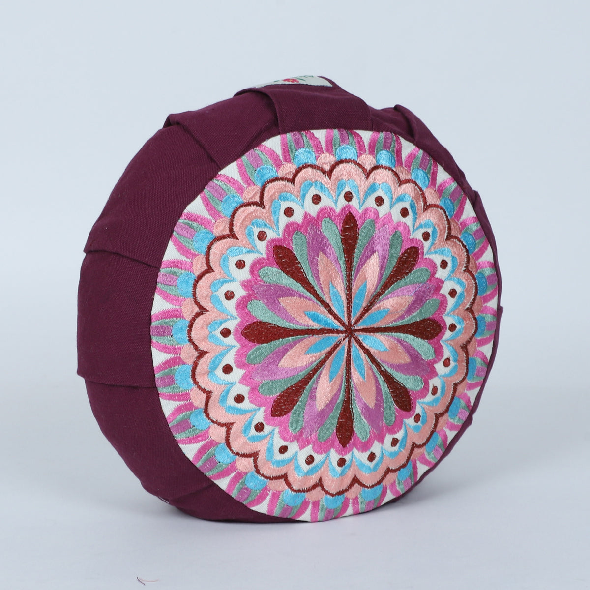 Embroidered Round Zafu Yoga Pillow |Zipped Cover |Washable| Portable - Periyar (Broad Purple on Purple) - Medium Size Limited Edition