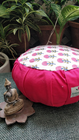 Round Zafu Yoga Pillow |Zipped Cover |Washable| Portable - Block Printed Floral Mughal (Pink) - Size and Filling Options Available