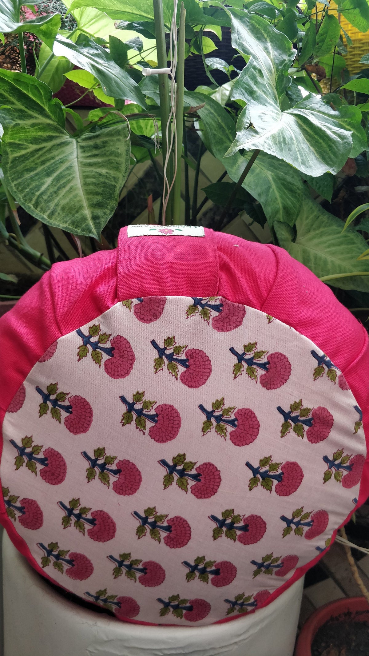 Round Zafu Yoga Pillow |Zipped Cover |Washable| Portable - Block Printed Floral Mughal (Pink) - Size and Filling Options Available