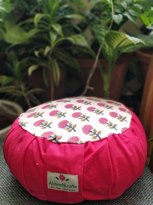 Round Zafu Yoga Pillow |Zipped Cover |Washable| Portable - Block Printed Floral Mughal (Pink) - Size and Filling Options Available