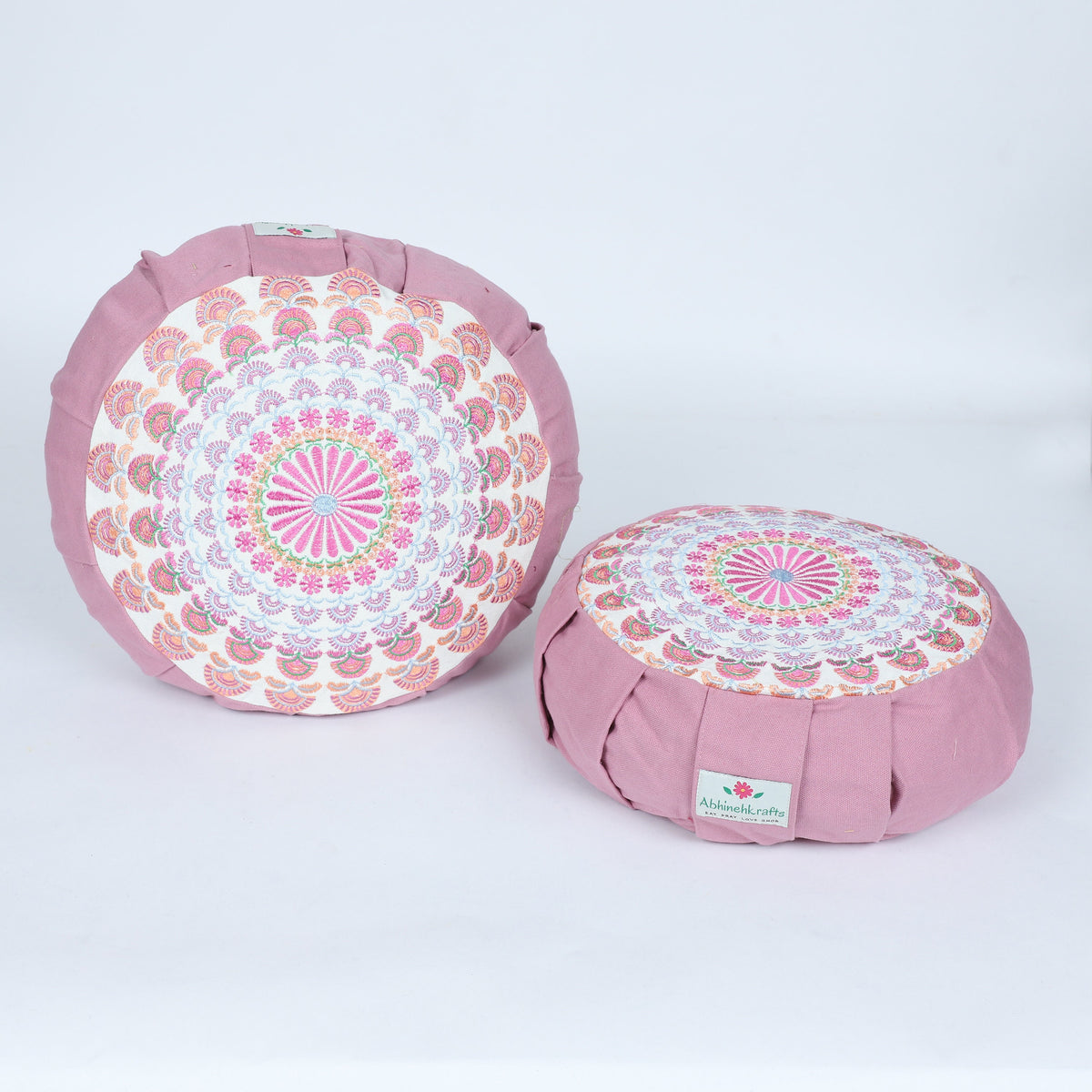 Embroidered Round Zafu Yoga Pillow |Zipped Cover |Washable| Portable - Kaveri (Dust Pink on Pink) - Size and Filling Options