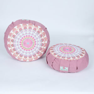 Embroidered Round Zafu Yoga Pillow |Zipped Cover |Washable| Portable - Kaveri (Dust Pink on Pink) - Size and Filling Options