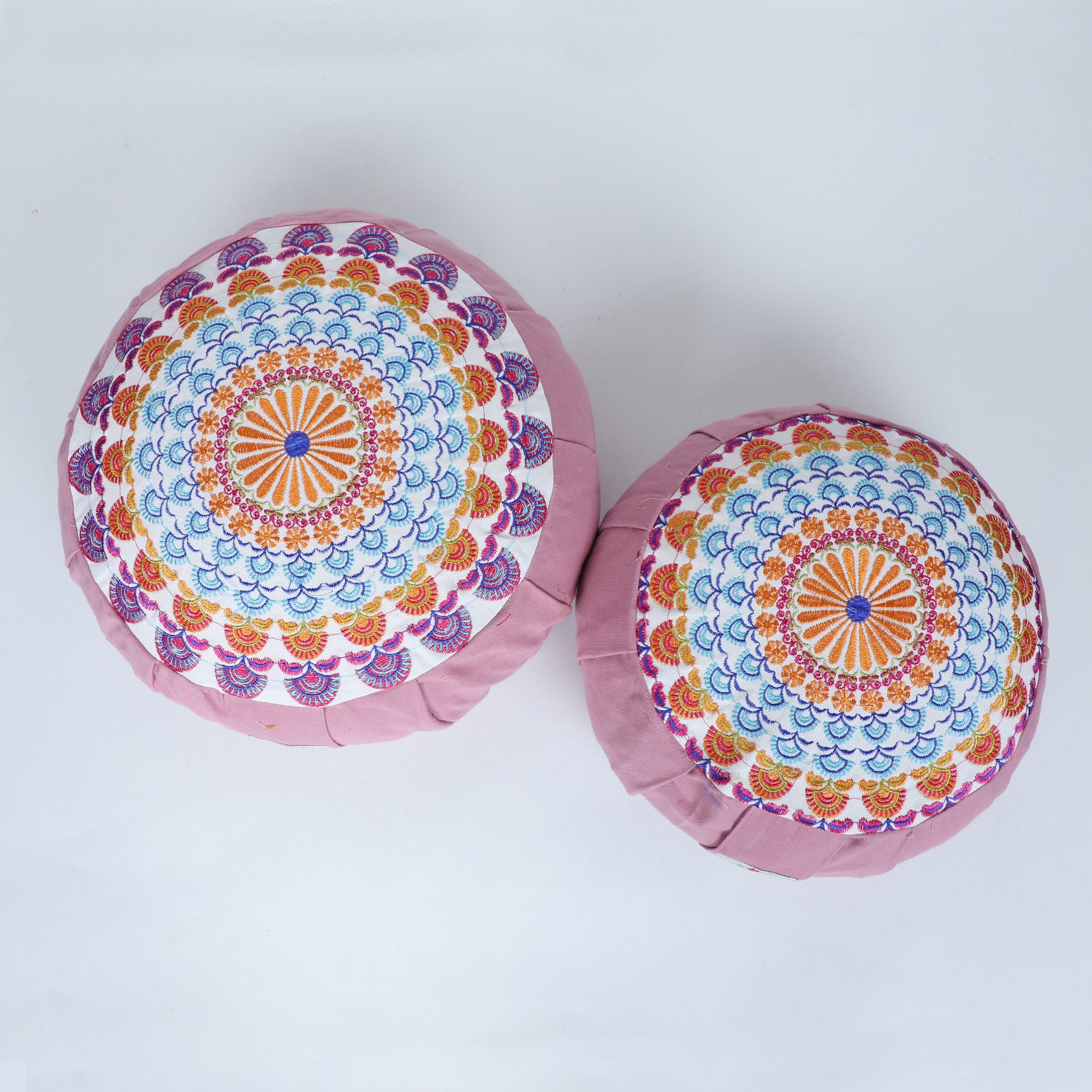 Embroidered Round Zafu Yoga Pillow |Zipped Cover |Washable| Portable - Godavari (Blue on Dust Pink) - Size and Filling Options