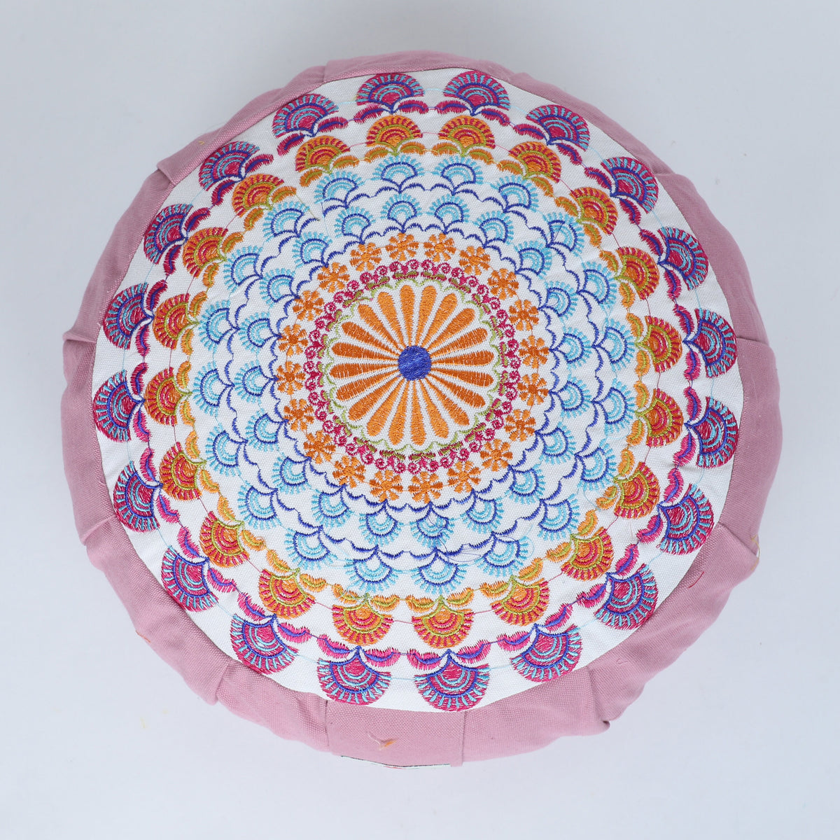 Embroidered Round Zafu Yoga Pillow |Zipped Cover |Washable| Portable - Godavari (Blue on Dust Pink) - Size and Filling Options