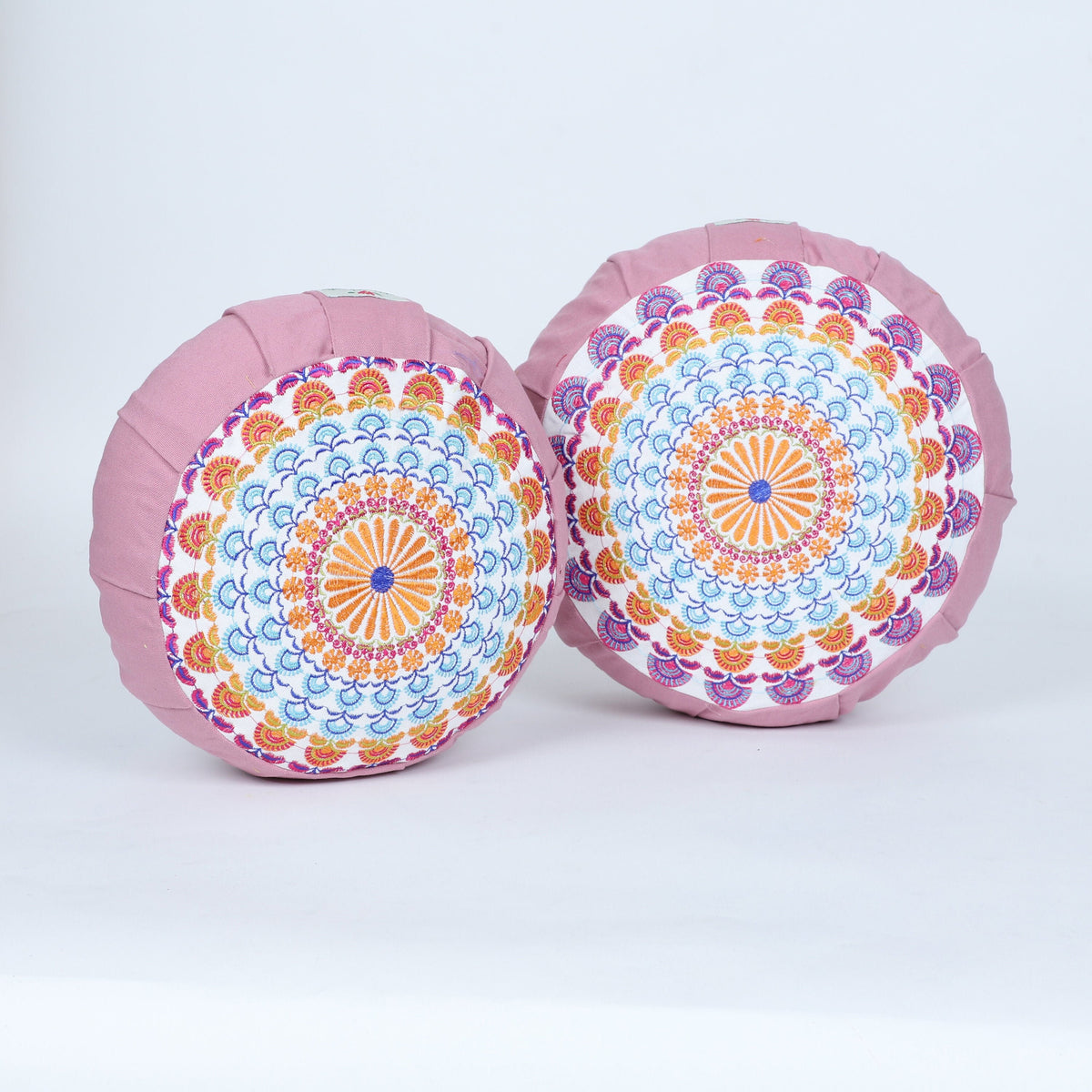Embroidered Round Zafu Yoga Pillow |Zipped Cover |Washable| Portable - Godavari (Blue on Dust Pink) - Size and Filling Options