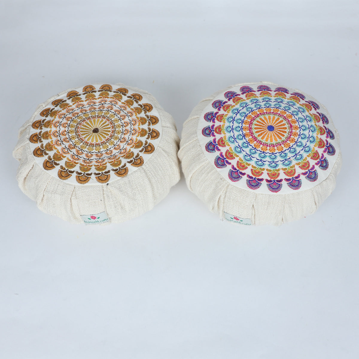 Embroidered Round Zafu Yoga Pillow |Zipped Cover |Washable| Portable - Ananda (Medium) Filling Options