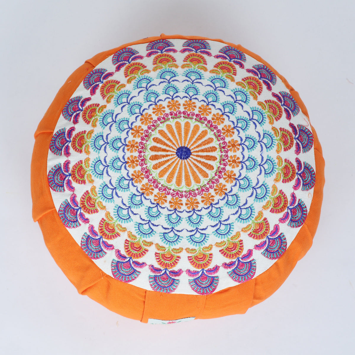 Embroidered Round Zafu Yoga Pillow |Zipped Cover |Washable| Portable - Ganga (Blue on Orange) - Size and Filling Options