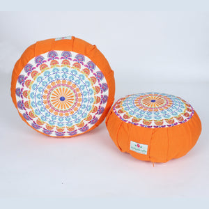 Embroidered Round Zafu Yoga Pillow |Zipped Cover |Washable| Portable - Ganga (Blue on Orange) - Size and Filling Options
