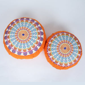 Embroidered Round Zafu Yoga Pillow |Zipped Cover |Washable| Portable - Ganga (Blue on Orange) - Size and Filling Options