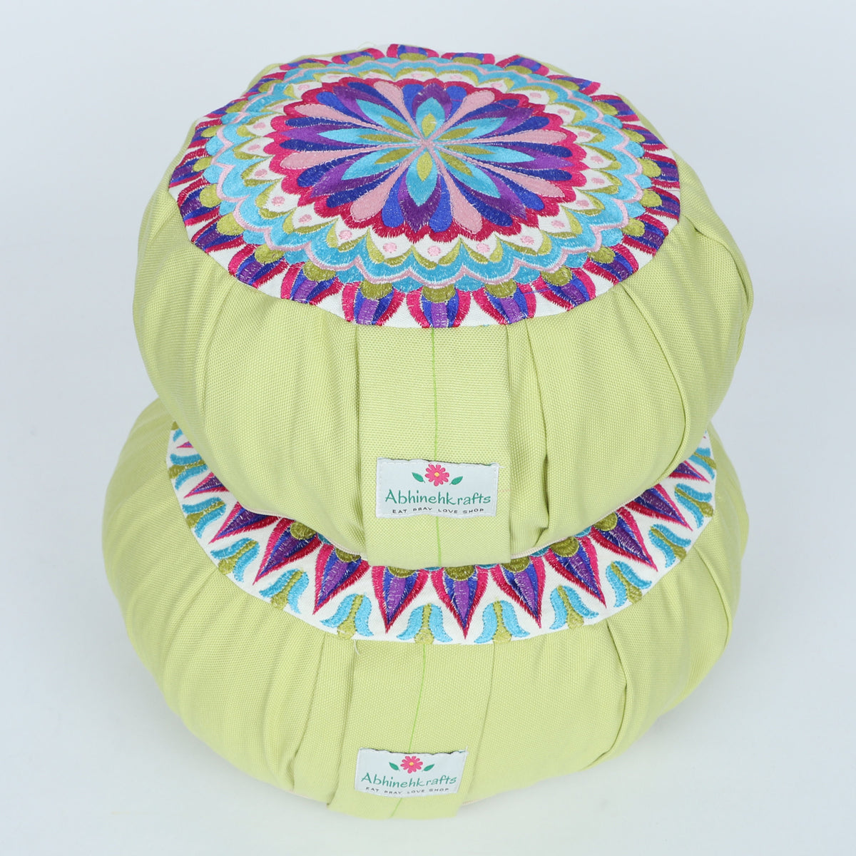 Embroidered Round Zafu Yoga Pillow |Zipped Cover |Washable| Portable - Yamuna (Blue on Olive) - Size and Filling Options