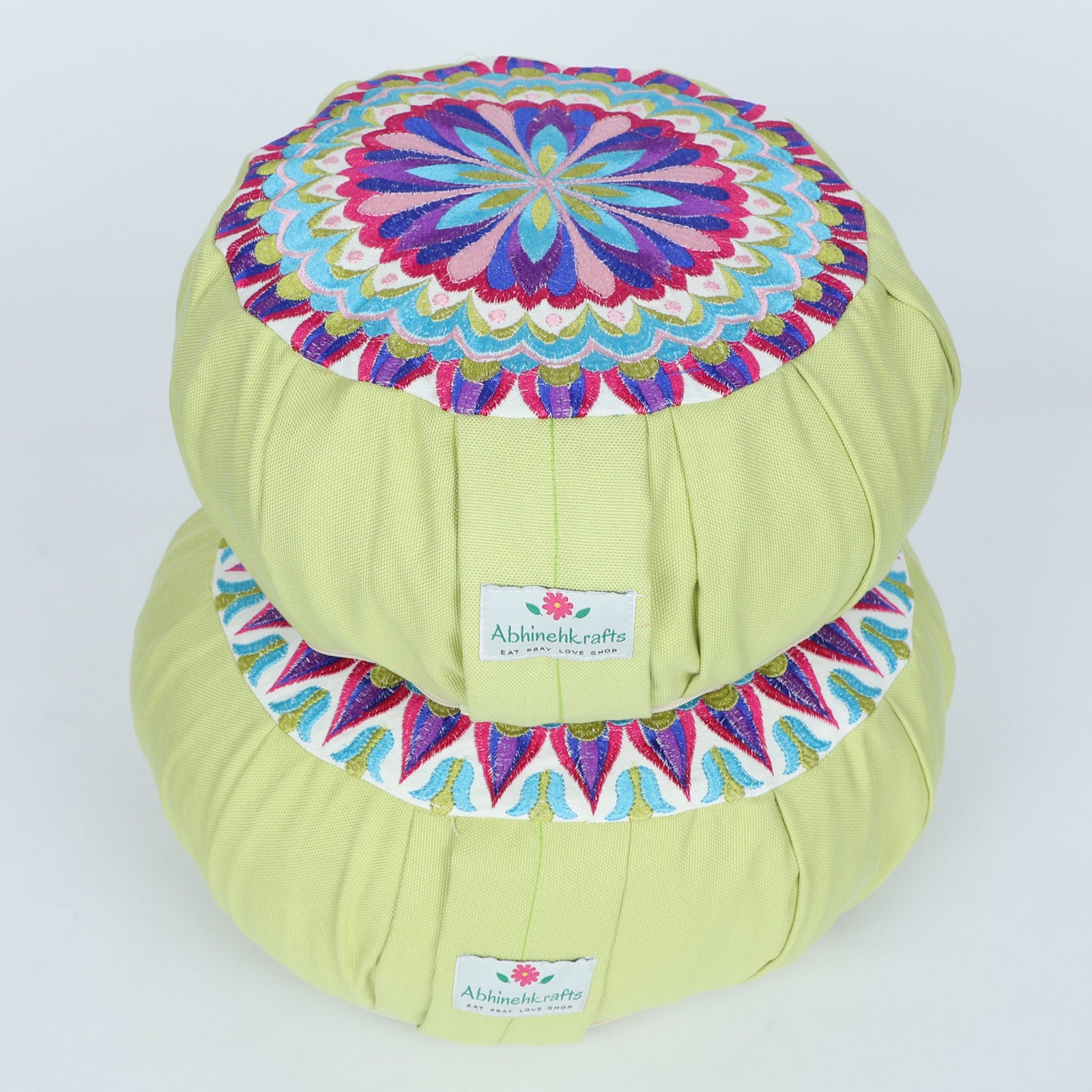 Embroidered Round Zafu Yoga Pillow |Zipped Cover |Washable| Portable - Yamuna (Blue on Olive) - Size and Filling Options