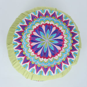 Embroidered Round Zafu Yoga Pillow |Zipped Cover |Washable| Portable - Yamuna (Blue on Olive) - Size and Filling Options
