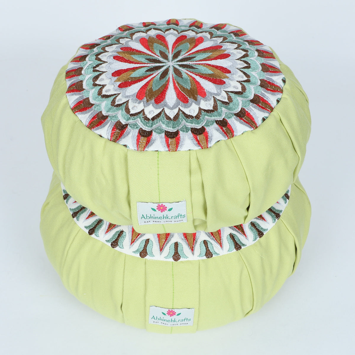 Embroidered Round Zafu Yoga Pillow |Zipped Cover |Washable| Portable - Jhelum (Red on Olive) - Size and Filling Options