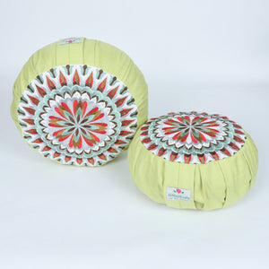 Embroidered Round Zafu Yoga Pillow |Zipped Cover |Washable| Portable - Jhelum (Red on Olive) - Size and Filling Options