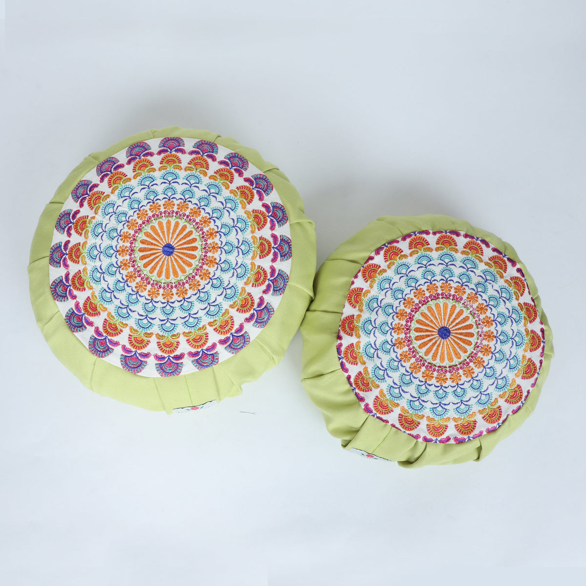 Embroidered Round Zafu Yoga Pillow |Zipped Cover |Washable| Portable - Saraswati (Orange on Olive) - Size and Filling Options