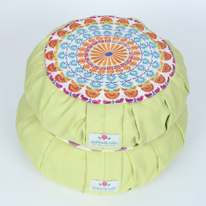 Embroidered Round Zafu Yoga Pillow |Zipped Cover |Washable| Portable - Saraswati (Orange on Olive) - Size and Filling Options