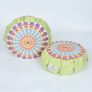 Embroidered Round Zafu Yoga Pillow |Zipped Cover |Washable| Portable - Saraswati (Orange on Olive) - Size and Filling Options