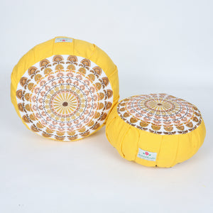 Embroidered Round Zafu Yoga Pillow |Zipped Cover |Washable| Portable - Krishna (Yellow on Yellow) - Size and Filling Options