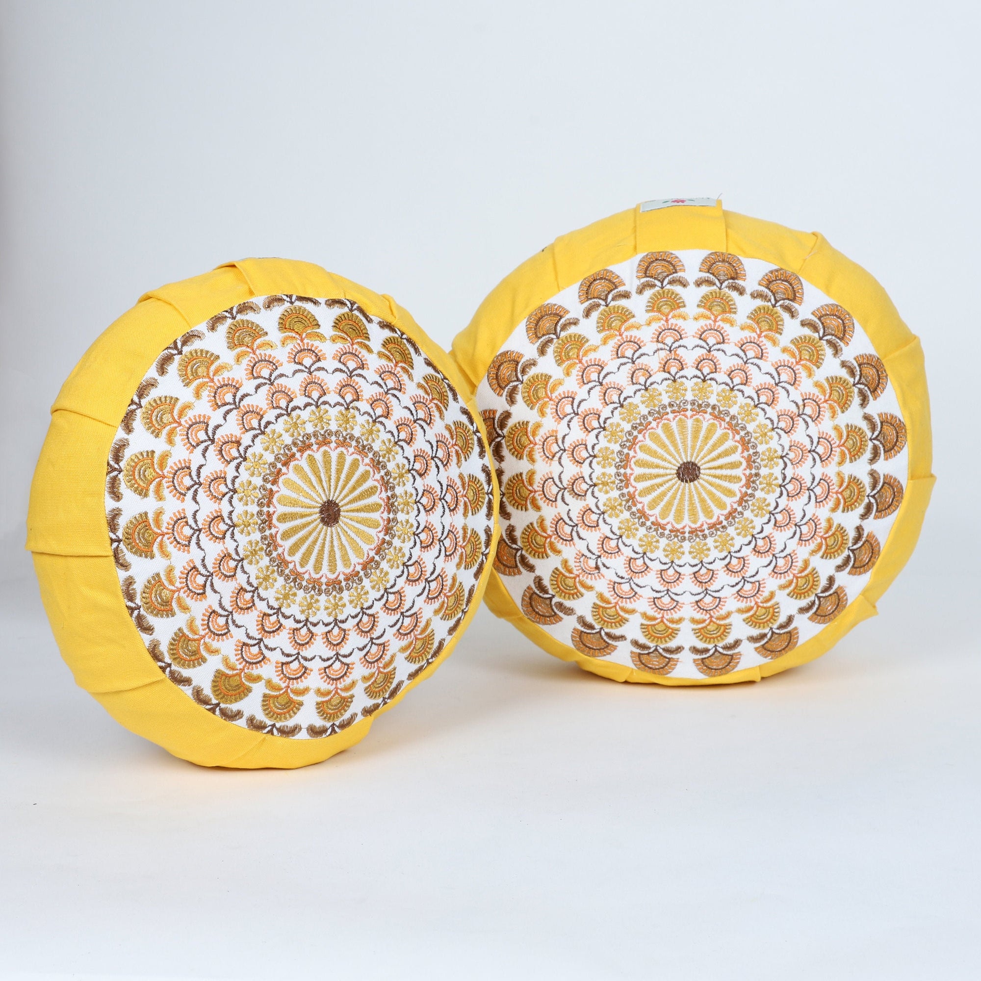 Embroidered Round Zafu Yoga Pillow |Zipped Cover |Washable| Portable - Krishna (Yellow on Yellow) - Size and Filling Options