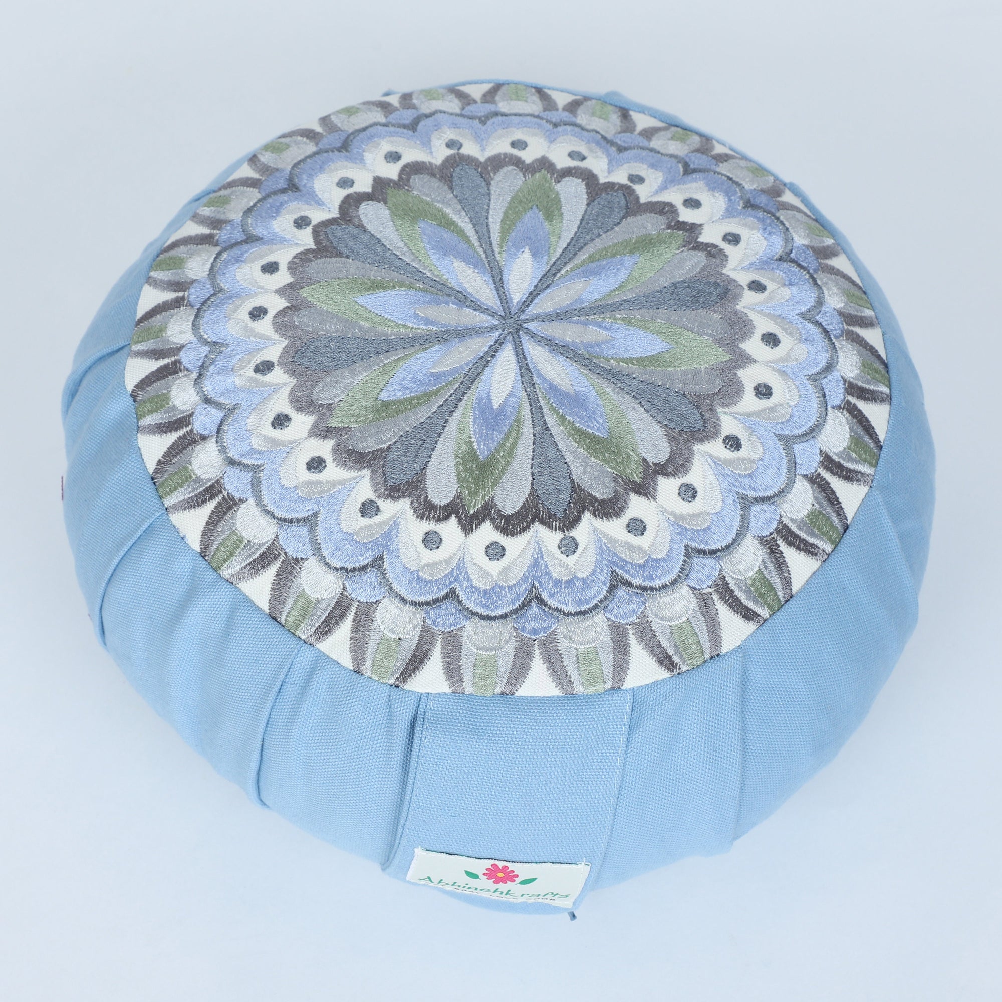 Embroidered Round Zafu Yoga Pillow |Zipped Cover |Washable| Portable - Tapti (Light Blue on Dust Blue) - Medium Size Limited Edition