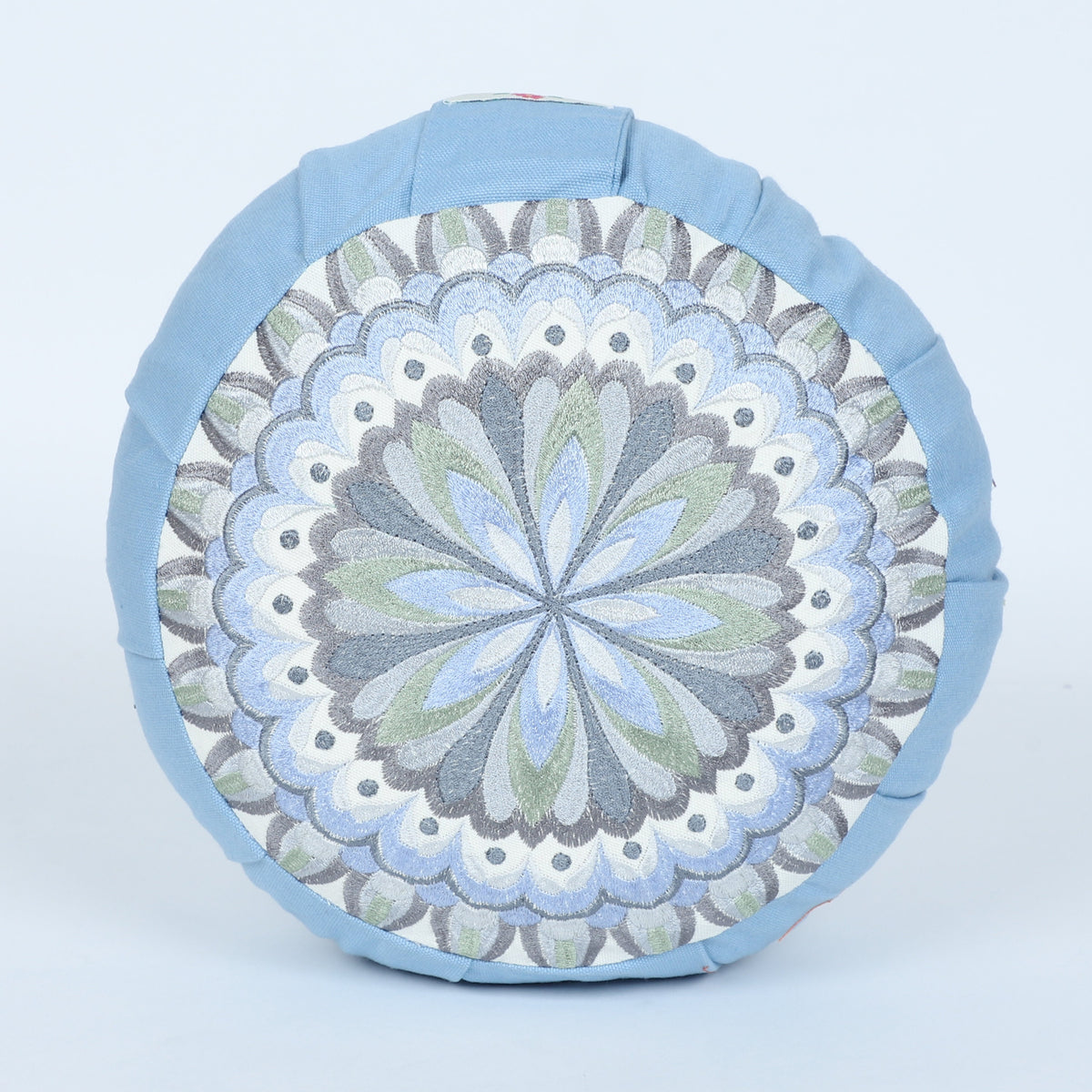 Embroidered Round Zafu Yoga Pillow |Zipped Cover |Washable| Portable - Tapti (Light Blue on Dust Blue) - Medium Size Limited Edition