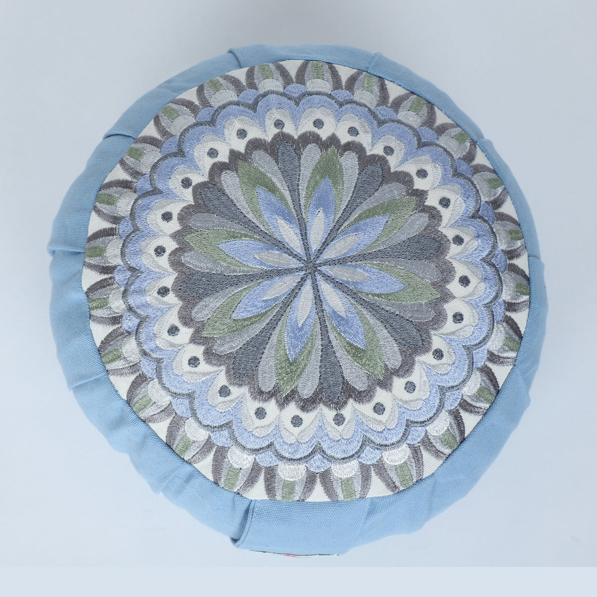 Embroidered Round Zafu Yoga Pillow |Zipped Cover |Washable| Portable - Tapti (Light Blue on Dust Blue) - Medium Size Limited Edition