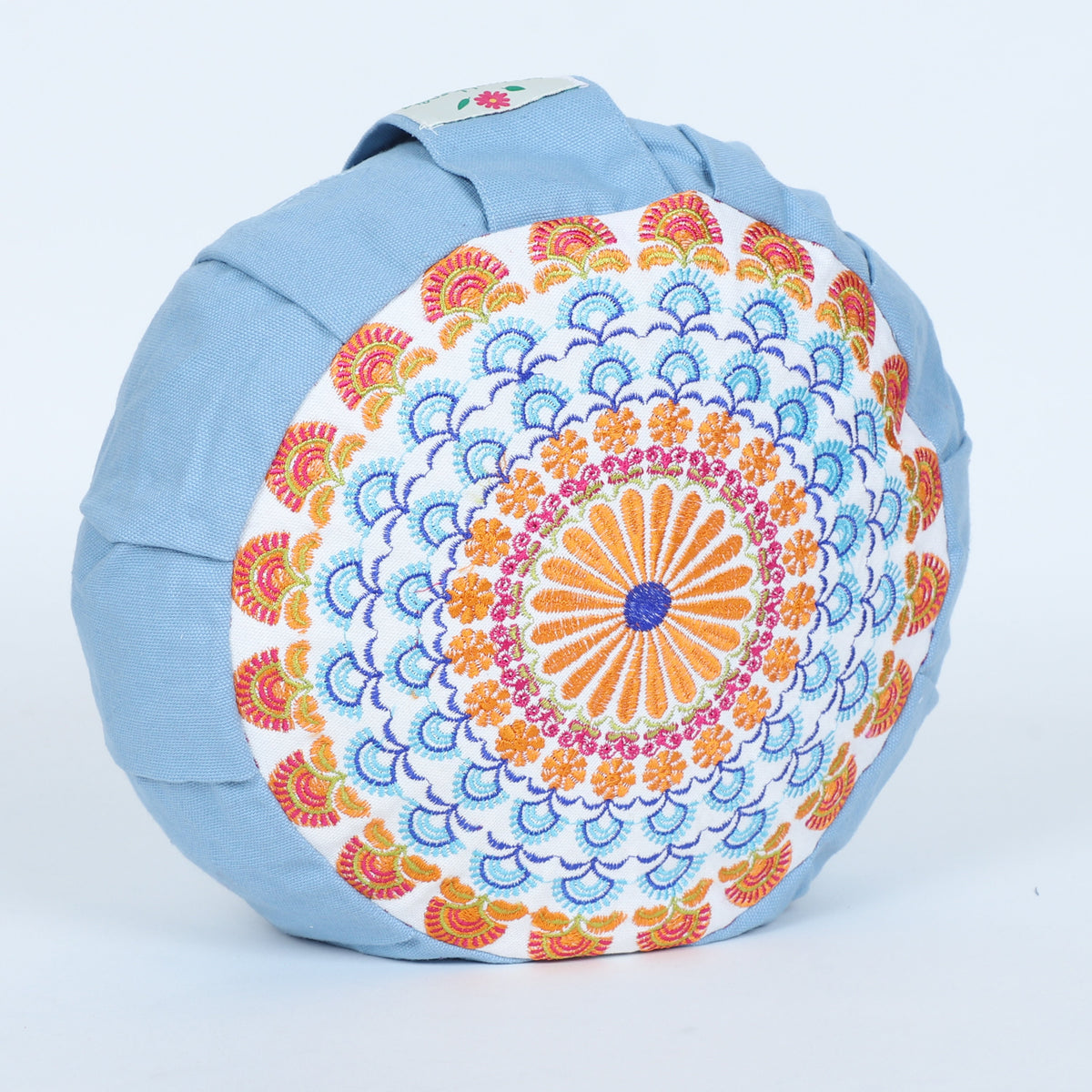 Embroidered Round Zafu Yoga Pillow |Zipped Cover |Washable| Portable - Gomti (Orange on Dust Blue) - Medium Size Limited Edition