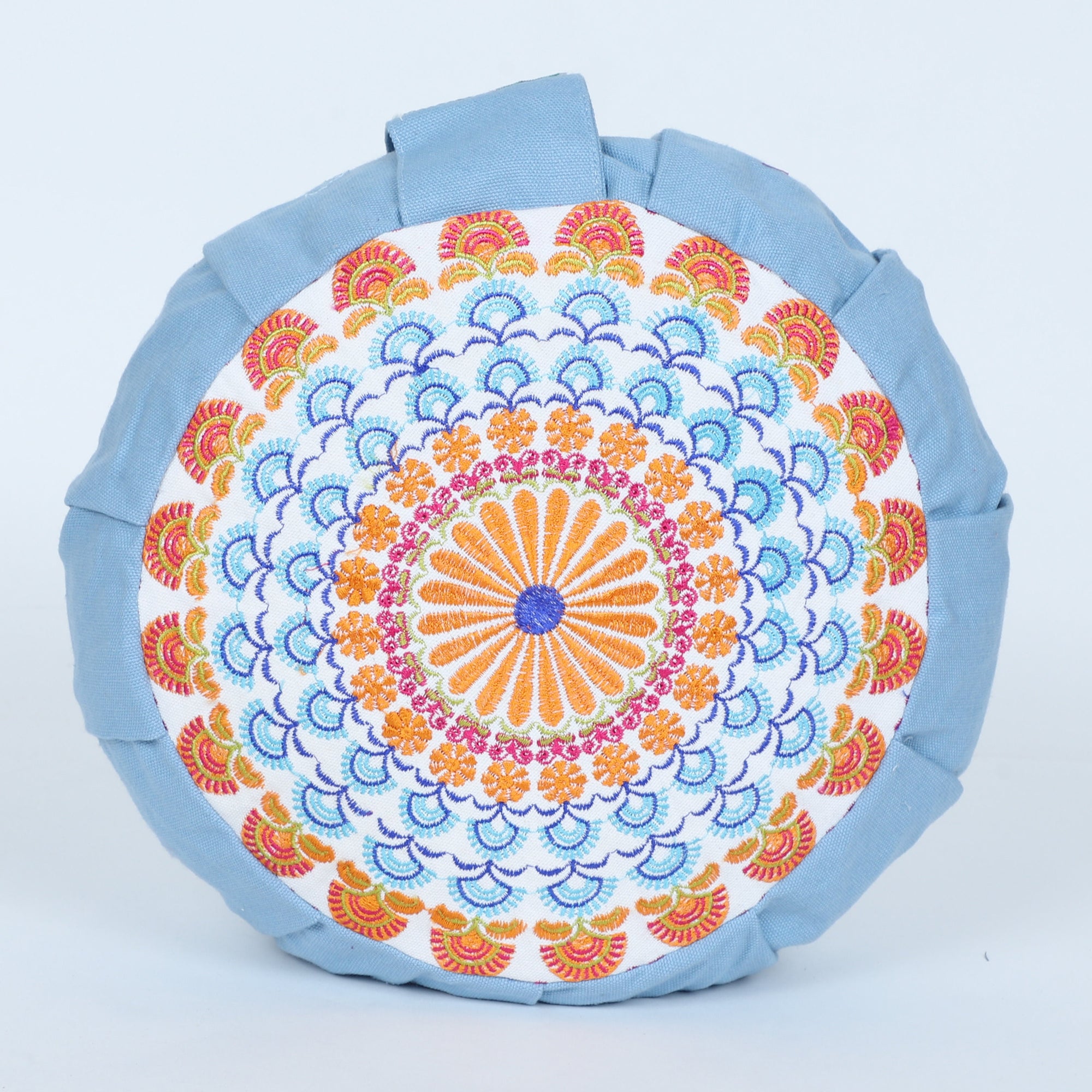 Embroidered Round Zafu Yoga Pillow |Zipped Cover |Washable| Portable - Gomti (Orange on Dust Blue) - Medium Size Limited Edition