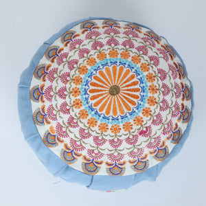 Embroidered Round Zafu Yoga Pillow |Zipped Cover |Washable| Portable - Sona (Gold on Dust Blue) - Medium Size Limited Edition
