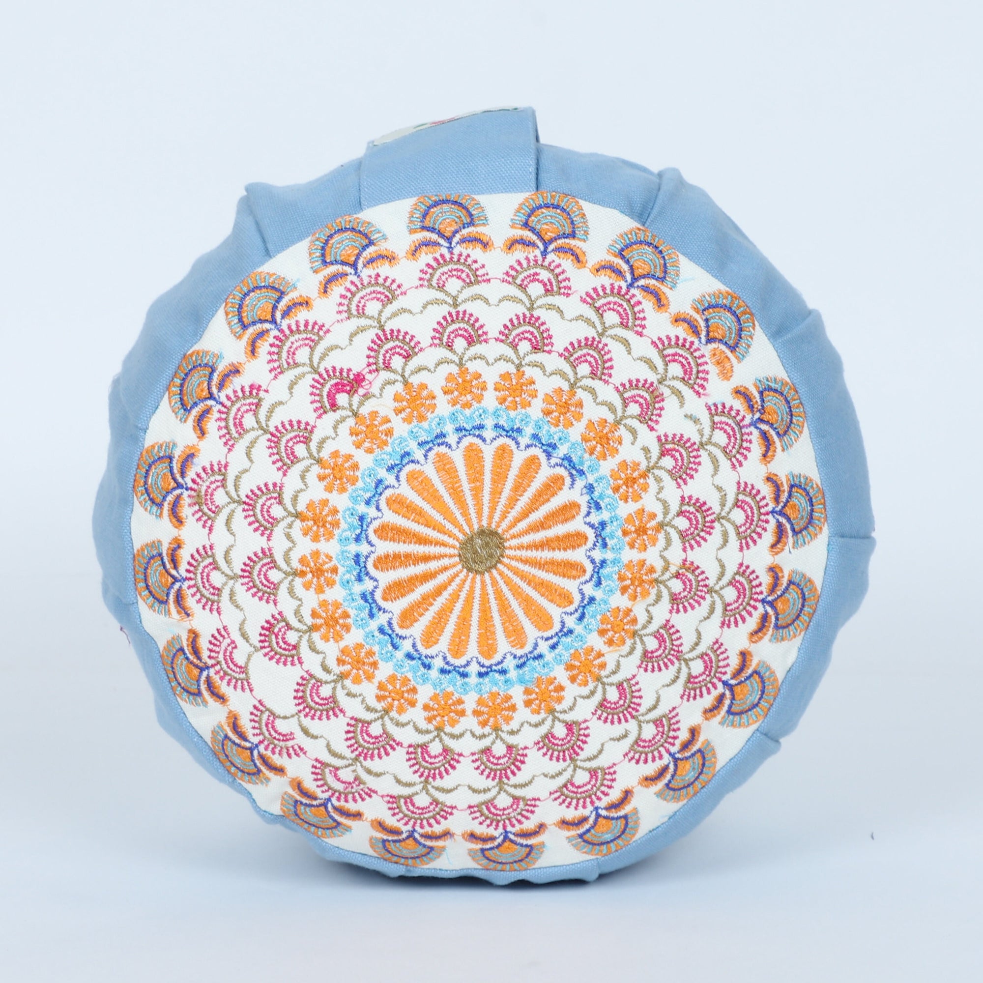 Embroidered Round Zafu Yoga Pillow |Zipped Cover |Washable| Portable - Sona (Gold on Dust Blue) - Medium Size Limited Edition