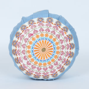Embroidered Round Zafu Yoga Pillow |Zipped Cover |Washable| Portable - Sona (Gold on Dust Blue) - Medium Size Limited Edition