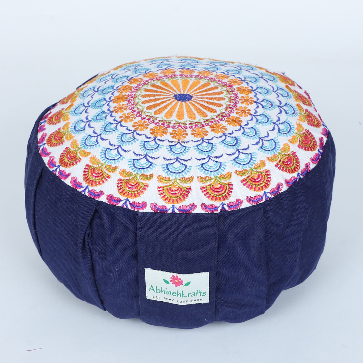Embroidered Round Zafu Yoga Pillow |Zipped Cover |Washable| Portable - Parvati (Blue on Navy Blue) - Size and Filling Options Available