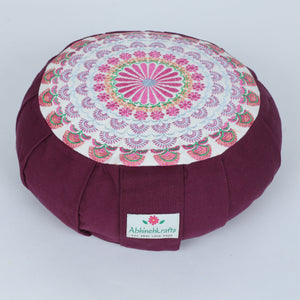 Embroidered Round Zafu Yoga Pillow |Zipped Cover |Washable| Portable - Kabini (Pink on Plum) - Medium Size Limited Edition