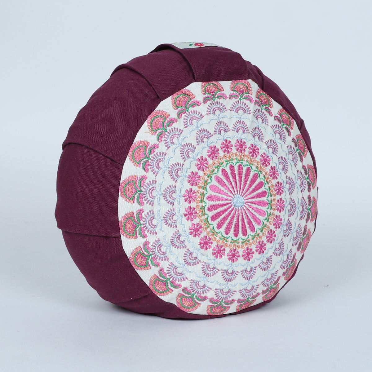 Embroidered Round Zafu Yoga Pillow |Zipped Cover |Washable| Portable - Kabini (Pink on Plum) - Medium Size Limited Edition