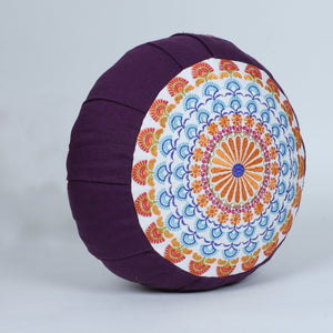 Embroidered Round Zafu Yoga Pillow |Zipped Cover |Washable| Portable - Zanskar (Blue on Purple) - Medium Size Limited Edition