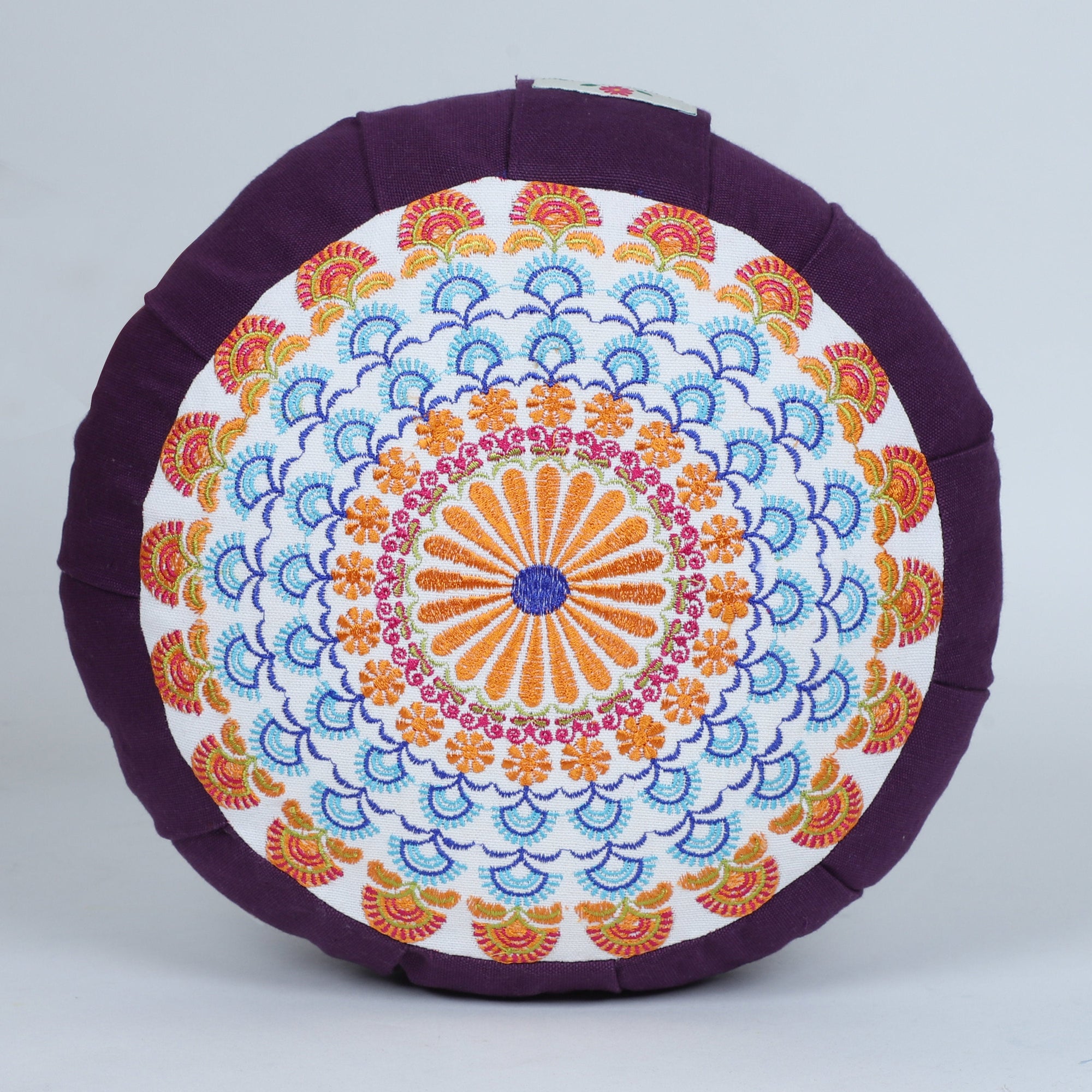 Embroidered Round Zafu Yoga Pillow |Zipped Cover |Washable| Portable - Zanskar (Blue on Purple) - Medium Size Limited Edition