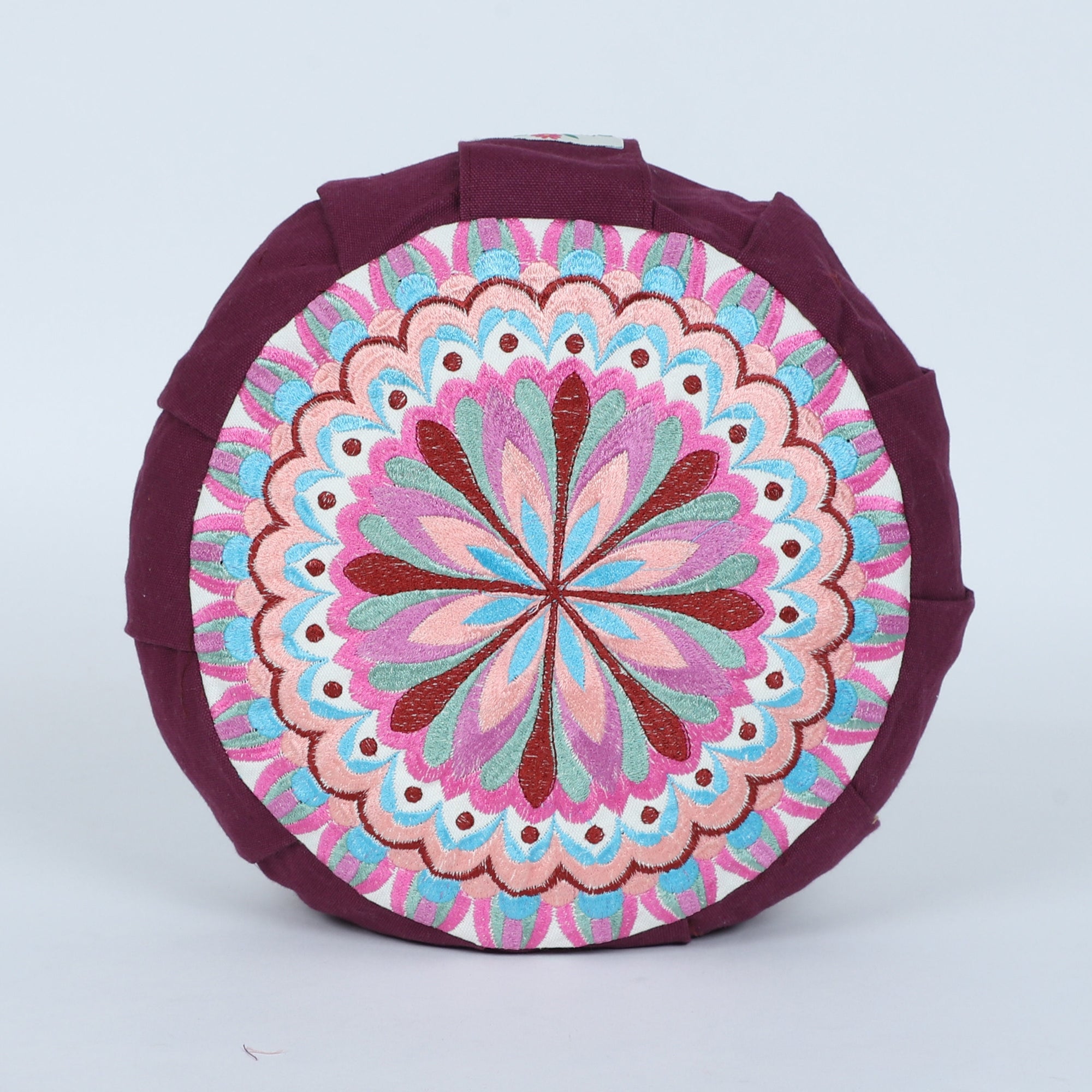 Embroidered Round Zafu Yoga Pillow |Zipped Cover |Washable| Portable - Periyar (Broad Purple on Purple) - Medium Size Limited Edition