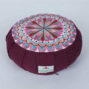 Embroidered Round Zafu Yoga Pillow |Zipped Cover |Washable| Portable - Periyar (Broad Purple on Purple) - Medium Size Limited Edition
