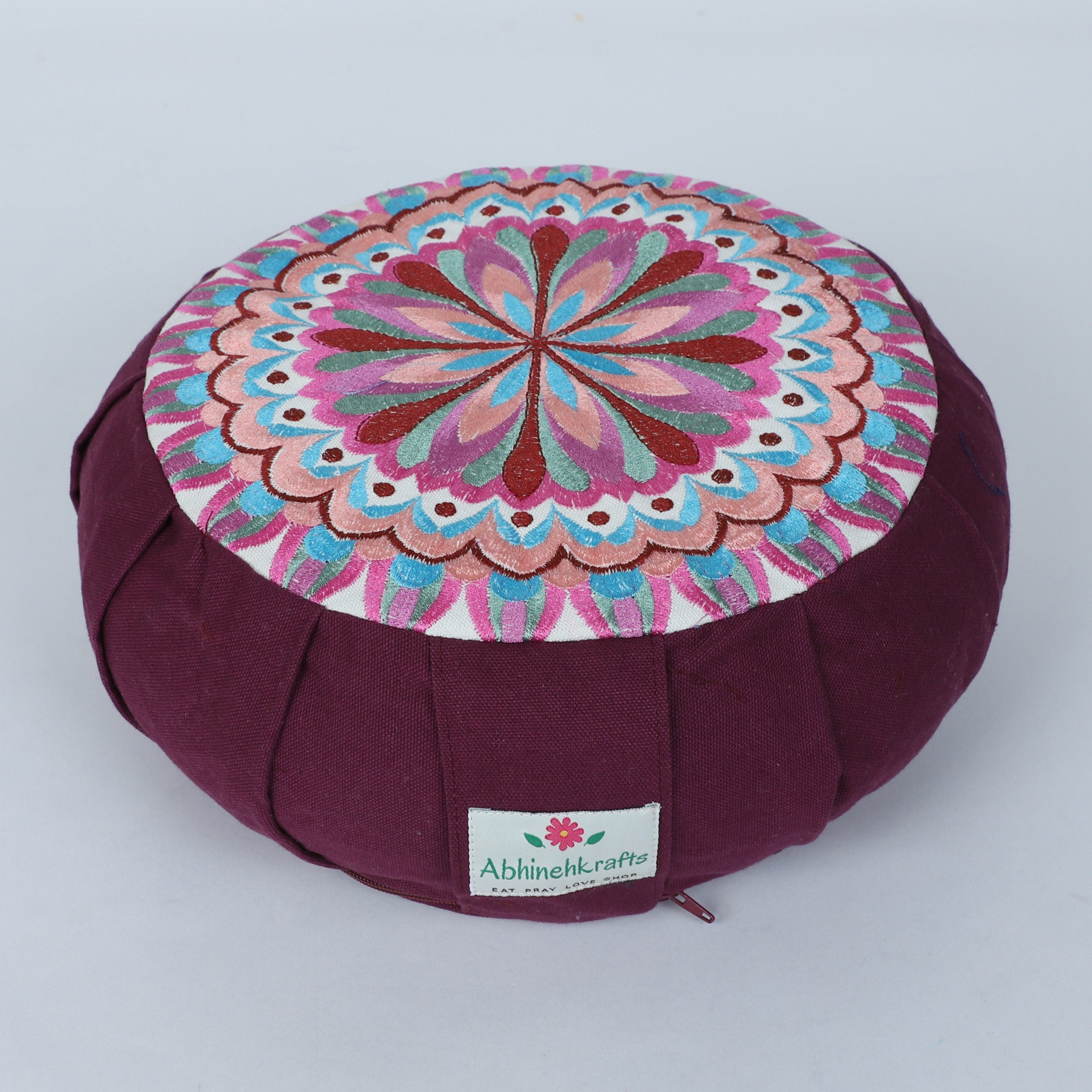 Embroidered Round Portable Meditation Cushion, Zafu Yoga Pillow - Peri -  YogaKargha