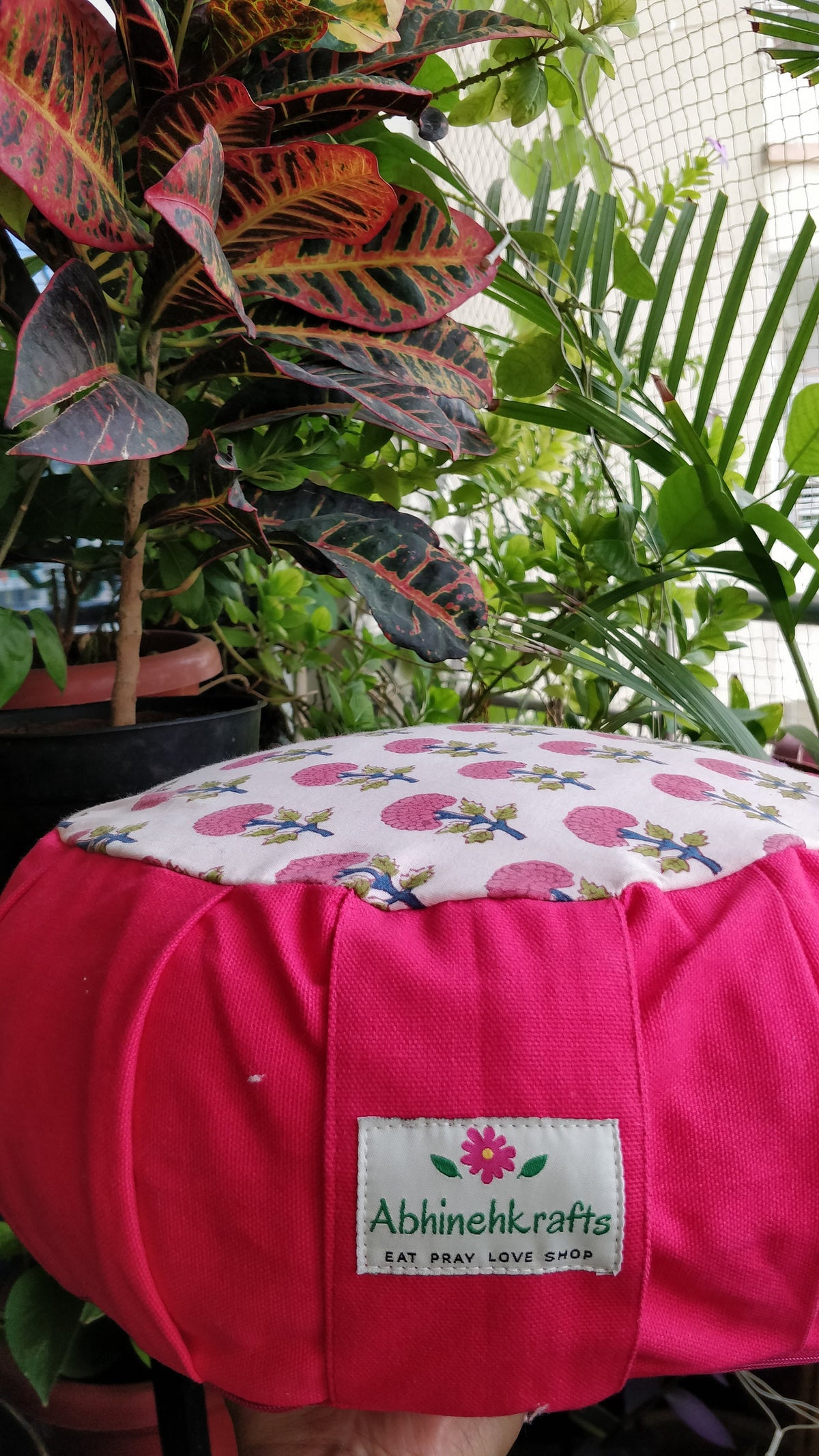 Round Zafu Yoga Pillow |Zipped Cover |Washable| Portable - Block Printed Floral Mughal (Pink) - Size and Filling Options Available
