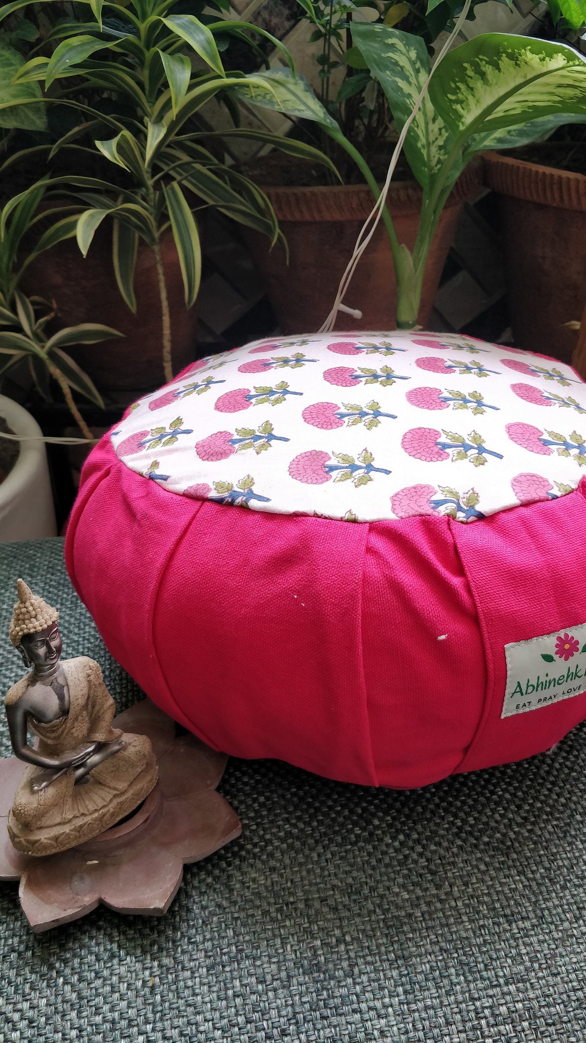 Round Zafu Yoga Pillow |Zipped Cover |Washable| Portable - Block Printed Floral Mughal (Pink) - Size and Filling Options Available