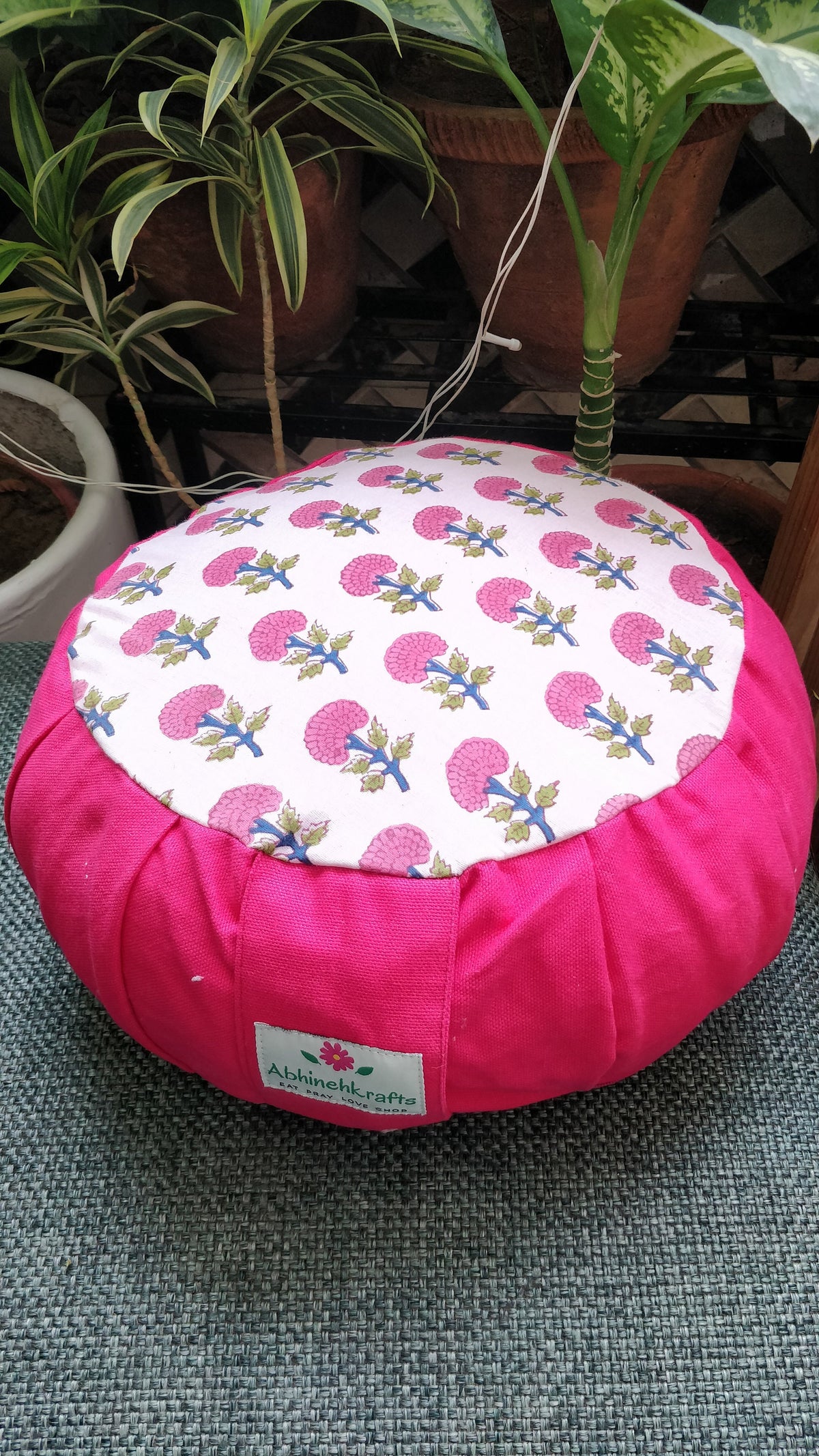 Round Zafu Yoga Pillow |Zipped Cover |Washable| Portable - Block Printed Floral Mughal (Pink) - Size and Filling Options Available