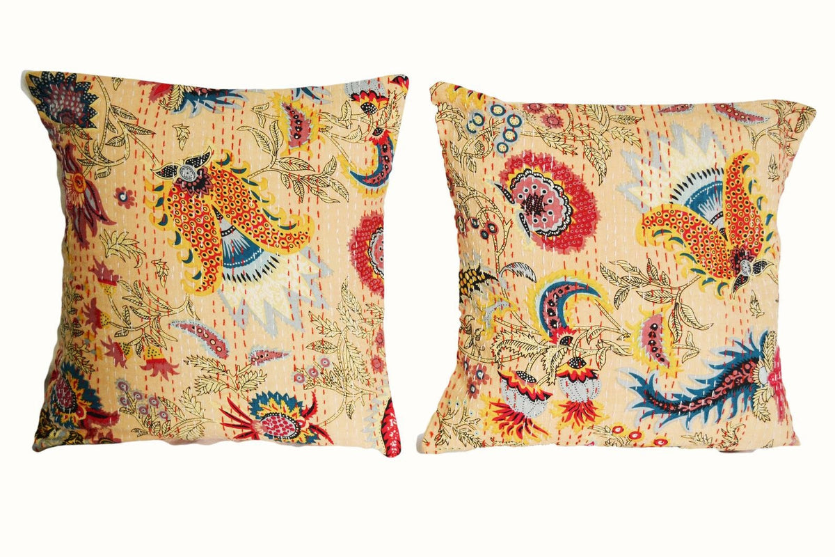 Meditation/Yoga Studio Decor Cushion, Throw Decorative Cushion - Screen Printed and Kantha Embroidered - Made in India - Multiple Options