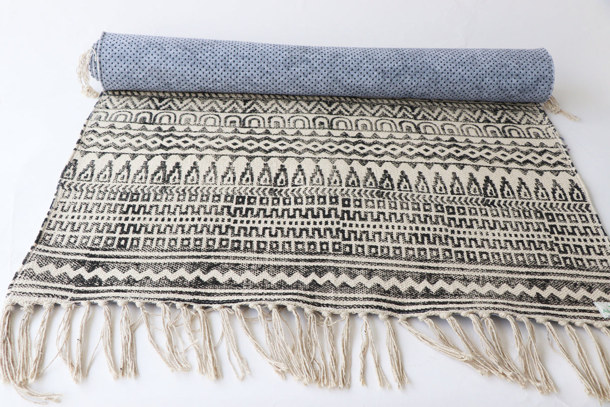 Anti Skid Cotton Handblock Mat for Yoga, Pilates, Fitness, and Meditation - (Handwoven Area Rug, Hand Block-Printed Rug) - Multi Options